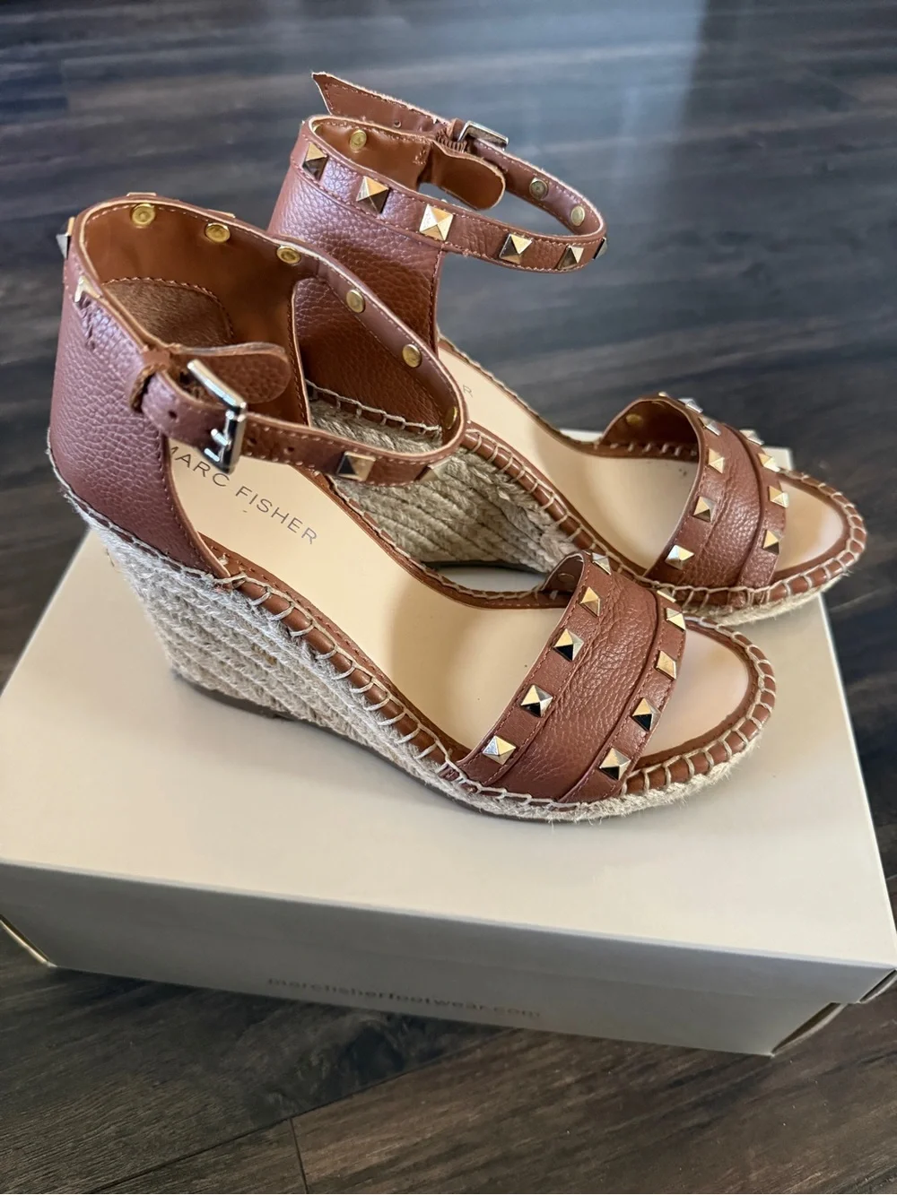 Marc Fisher Brown Leather Studded Espadrille Wedges Sandal